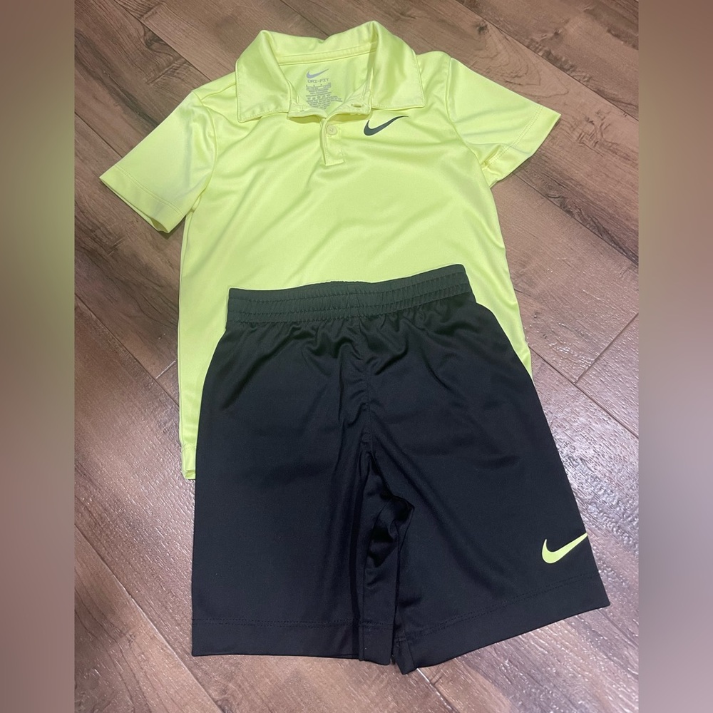 Nike Neon Yellow Polo and Black Shorts Set